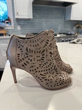 Carolinna Espinosa Taupe Laser-Cut Peep-Toe Heeled Booties